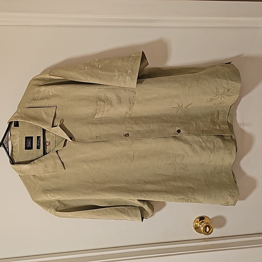 Haggar 100% Silk Machine Washable Hawaiian Style Shirt Green Muted Pattern XL